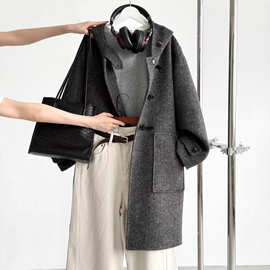 牛角扣连帽呢子大衣女2025新款秋冬韩系感小香风毛呢外套YZ13