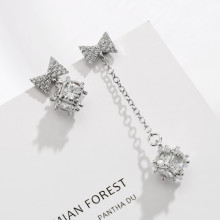 韩版蝴蝶结锆石925纯银耳针性感不对称长款耳环个性防过敏耳钉女