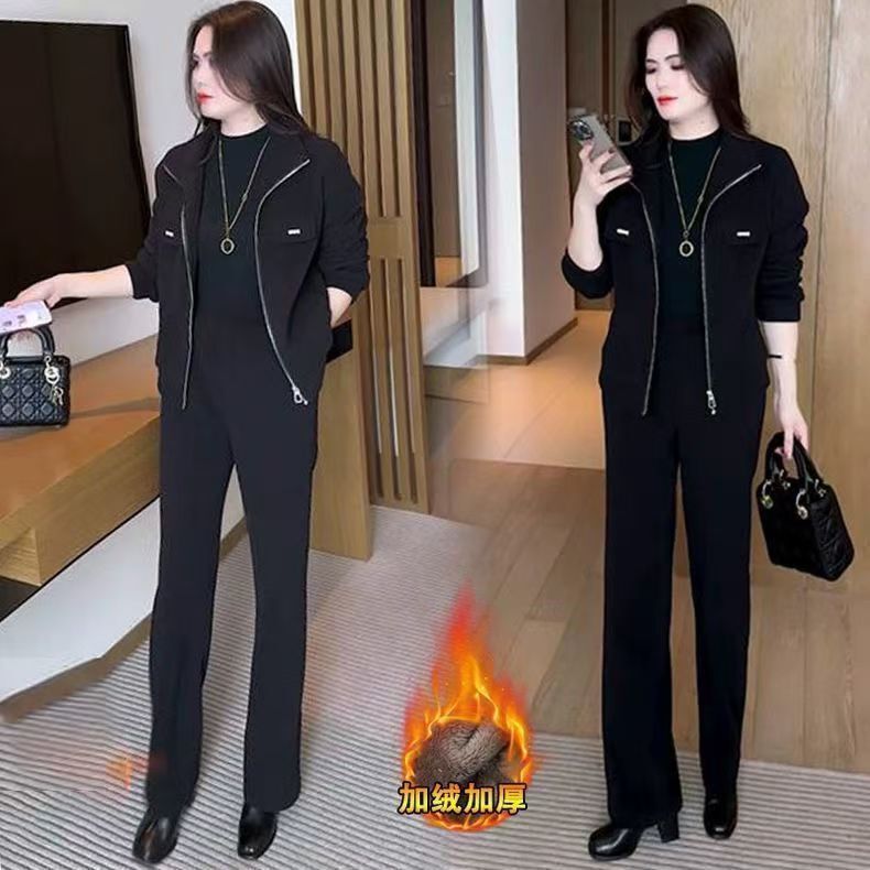 秋冬季新款时尚穿搭气质休闲运动宽松显瘦加绒加厚两件套女装套装|undefined