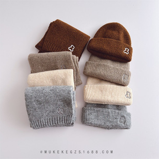 Korean style children's knitted hat scarf suit winter soft bear embroidery boys and girls warm wool hat scarf