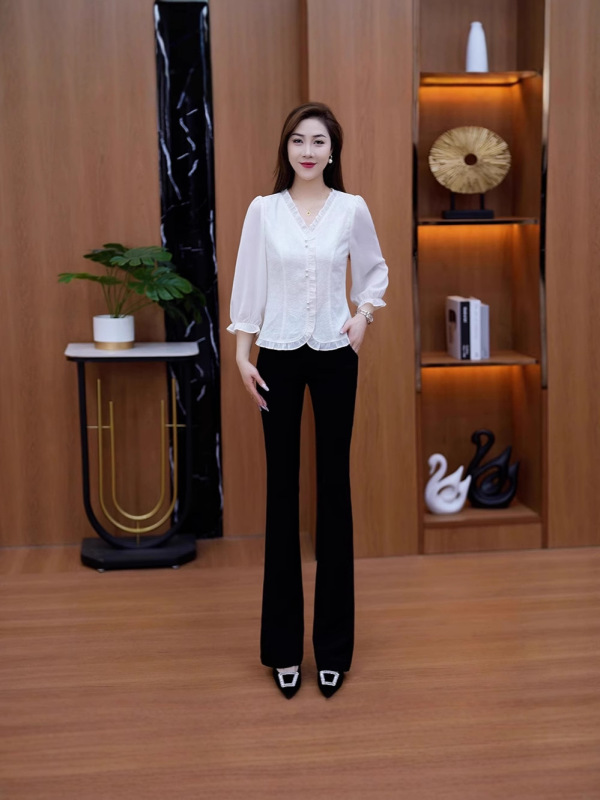时尚V领衬衫女士早秋新款小个子洋气短款上衣气质显瘦七分袖衬衣|undefined
