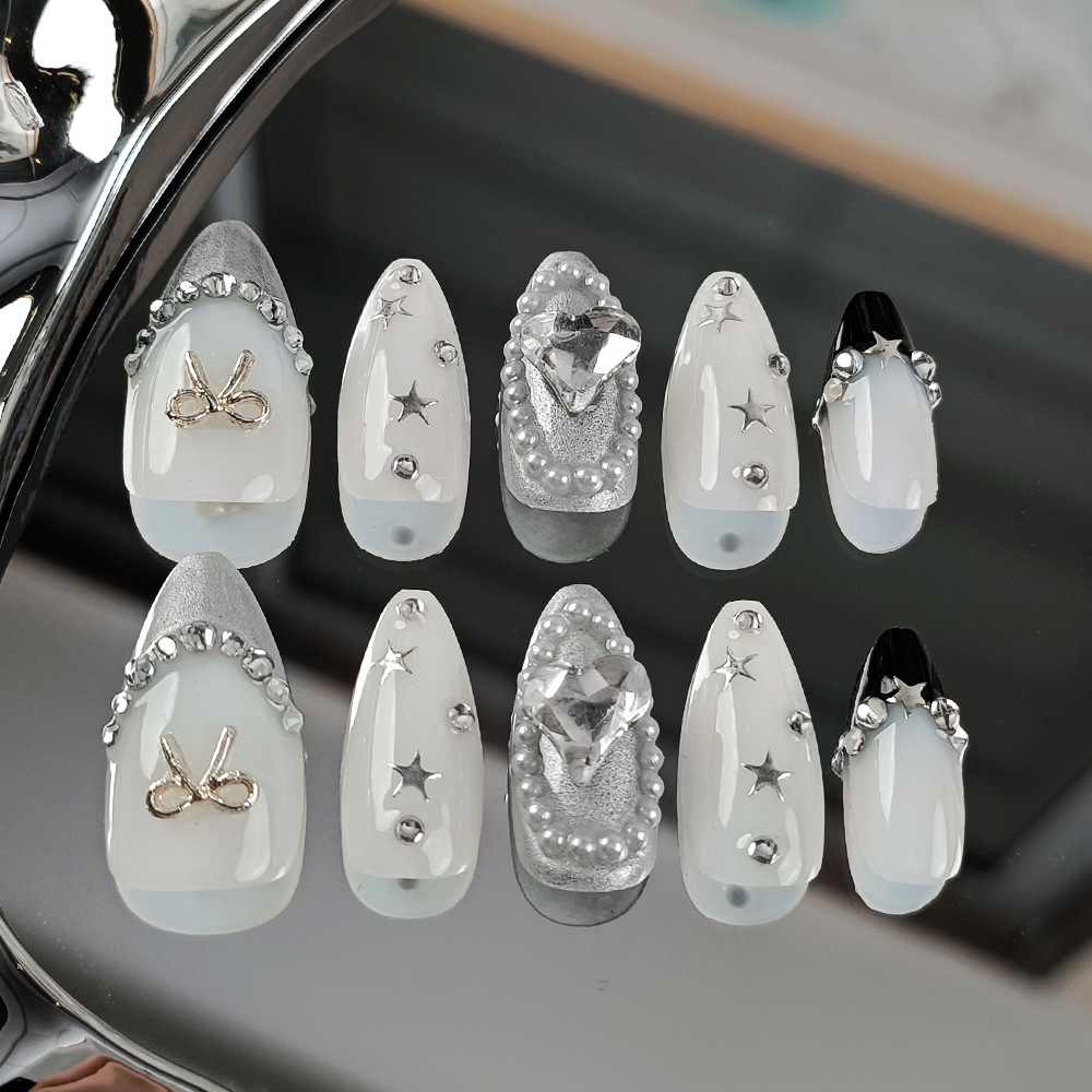 10 piezas de manicure manual puro, amor, diamantes, uñas de arco, parches de uñas de estrellas