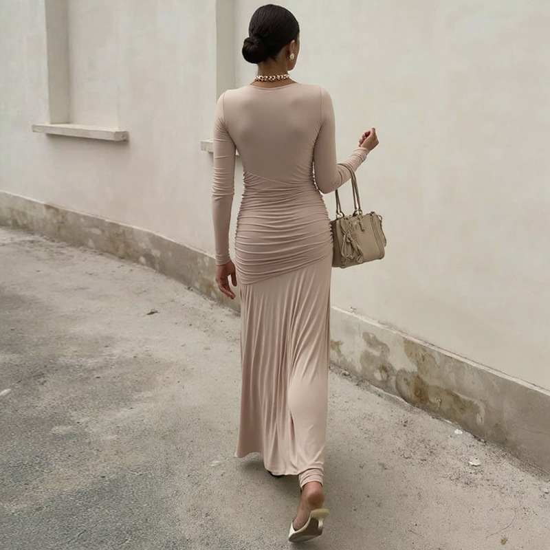 Comercio exterior 2025 otoño nuevo producto de moda temperamento francés delgado cintura pliegue irregular vestido de manga larga mujer image 4