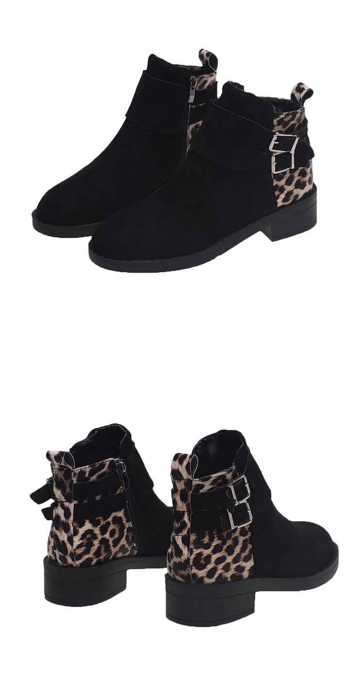 buckle solid color/leopard print round toe Low heel ankle boots NSJJX132628