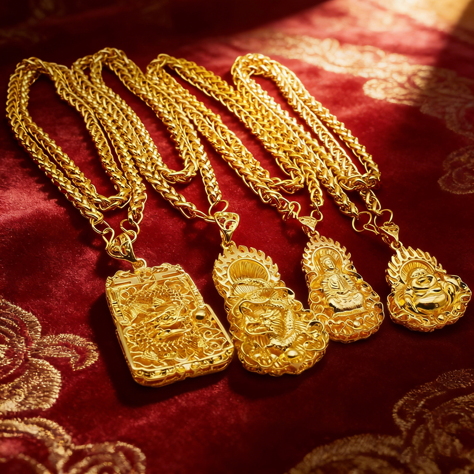 Tiktok Live Men's Gold-Plated Large Pendant Necklace Flame Square Dragon Pendant Guanyin Maitreya Buddha Pendant Necklace Wholesale