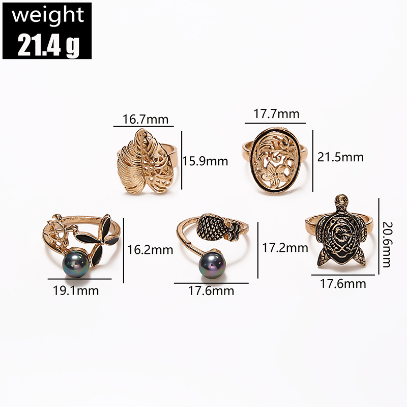 Ensemble De Bagues Transfrontalières Mode Perle Grise Colorée Feuilles Sculptées Creuses Bague Tortue Ensemble De 5 Pièces display picture 1