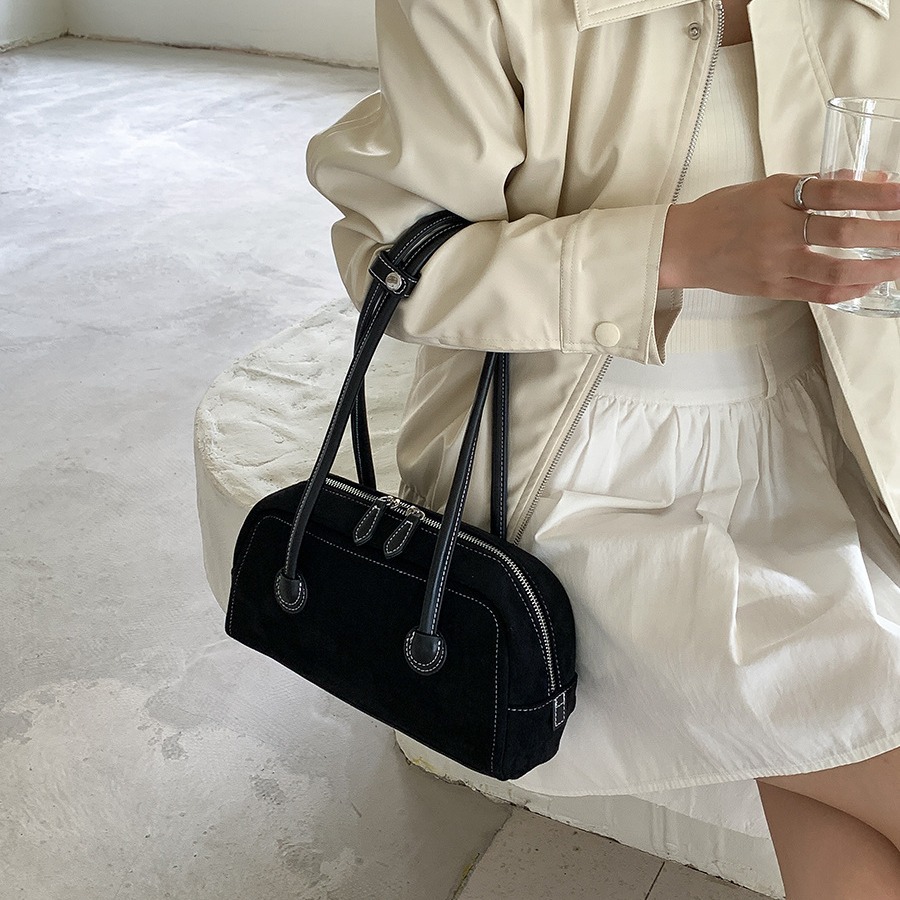 Autumn suede stick with simple leather splicing design, underarm bag, women's plush fashionable versatile shoulder bag_voghion.com