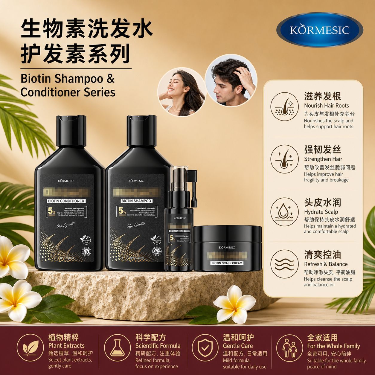 Fabricante de la serie de champú y acondicionador con biotina KORMESIC para comercio exterior transfronterizo, venta al por mayor en stock.