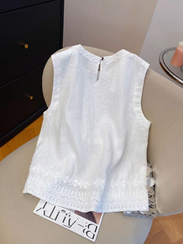 黄色のレース刺繍リネンノースリーブベスト女性のための 2025 夏ルーズラウンドネック気質コットンとリネンの女性のトップ|undefined