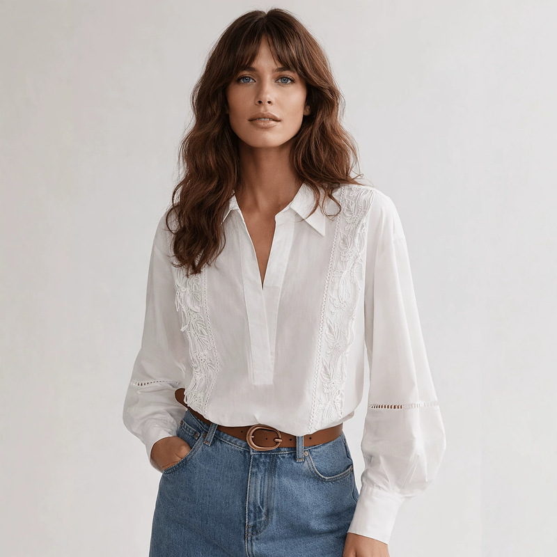 French-Style Hollow-Out Embroidered Shirt for Women, Spring Loose-Fitting Elegant Blouse with Lace Splicing, Lazy Lace-Up Collar Top
