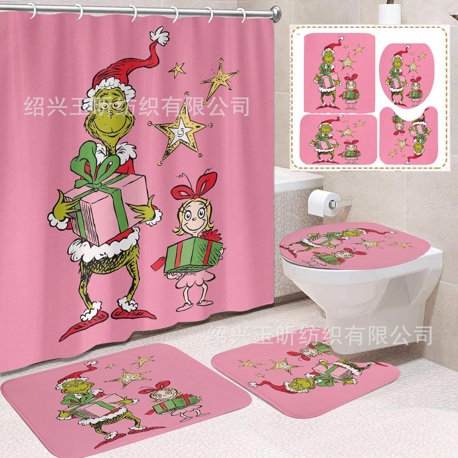 Tela de cortina de ducha transfronteriza, cortina de ducha impermeable, alfombra antideslizante de baño, juego de Grinch 4 de pelo verde al por mayor, sin perforación