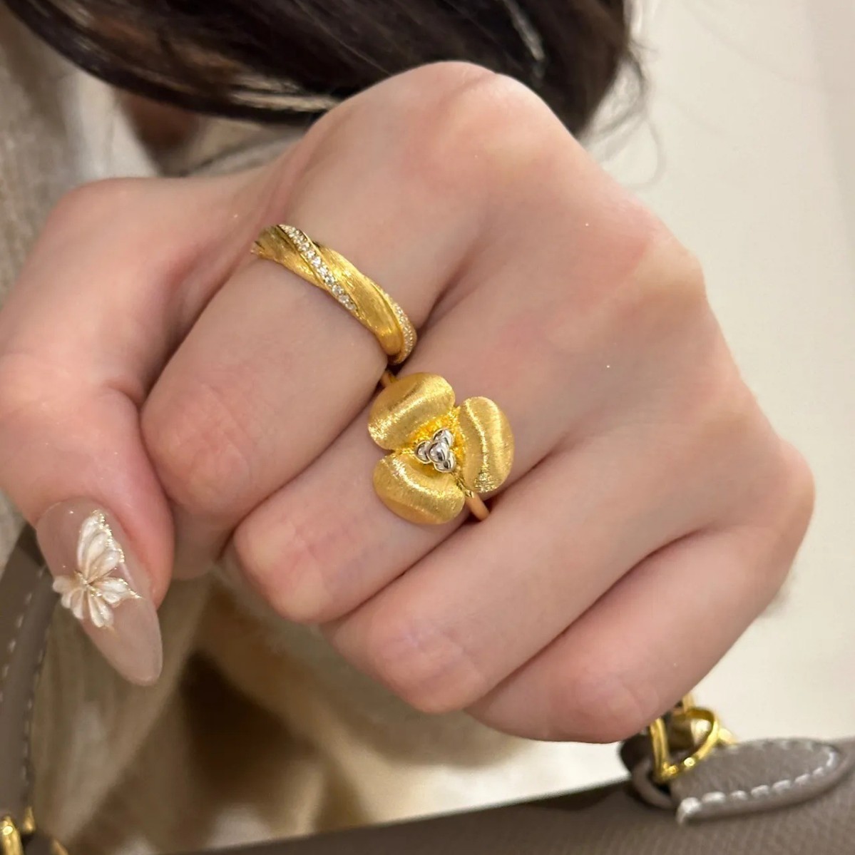 金色拉絲纏繞麥芽戒指花朵戒指女女小眾輕奢高級感百搭開口食指環