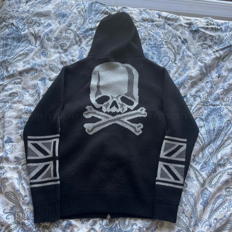 Y2K Millennium Dark Gothic Skull Jacquard Hooded Knit Jacket American Retro Union Jack Zipper Loose Sweater Y2K Millennium Dark Gothic Skull Jacquard Hooded Knit Jacket American Retro Union Jack Zipper Loose Sweater