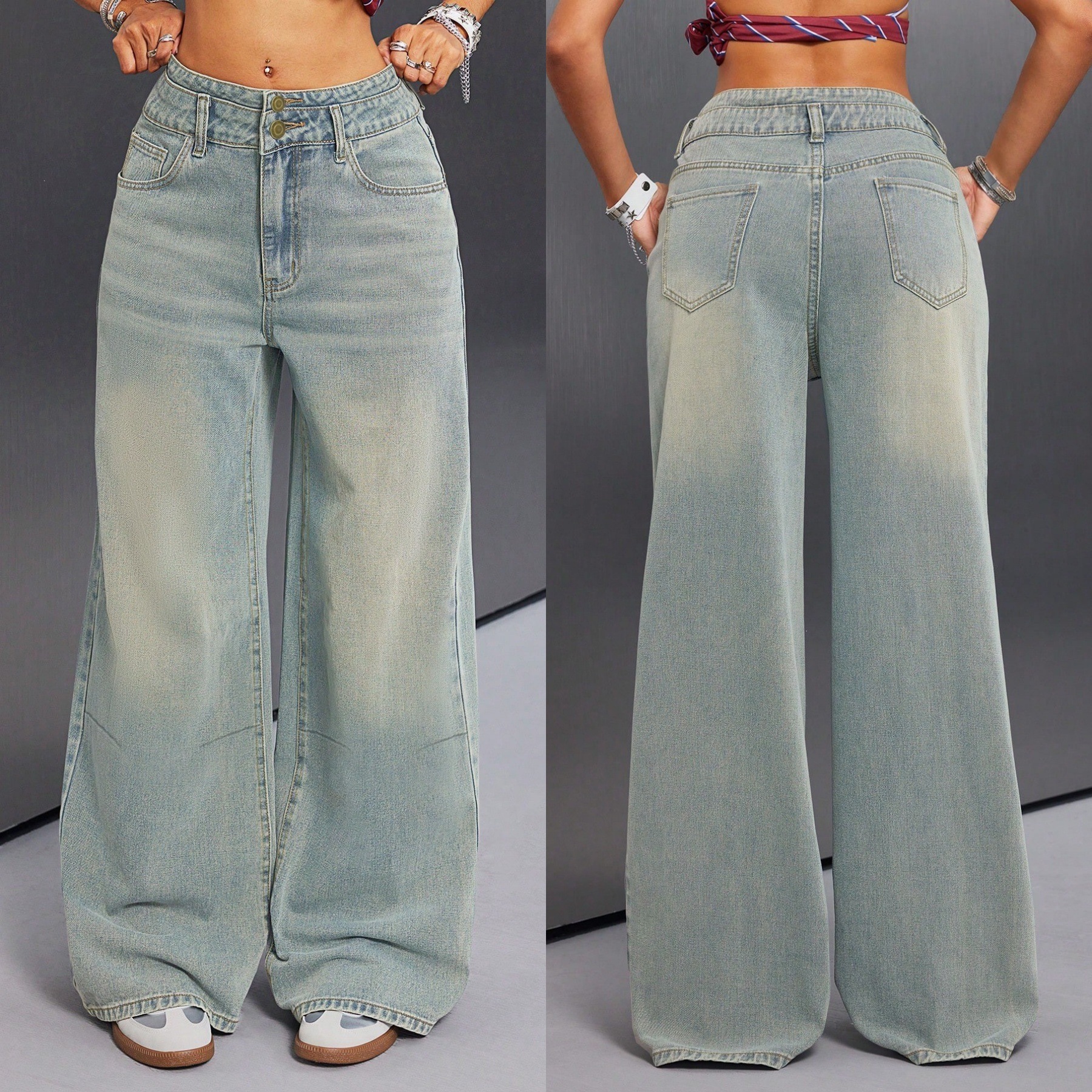 Cross-Border Foreign Trade Amazon European and American Style Buttoned Design Retro Jeans for Women Loose Straight Wide-Leg Floor-Length Pants