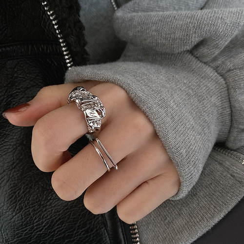 Silver Folded Index Ring with Opening Design for Women, Korean Minority Style, Ins Trendy Cool Casual High Fashion Personality