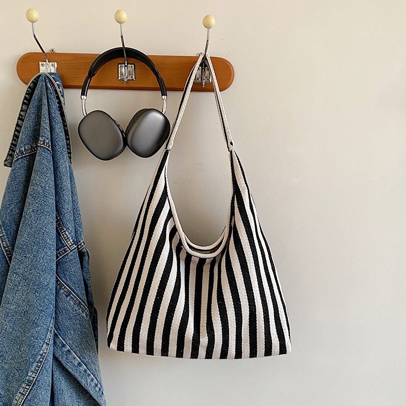 Bolso de lona de doble cara para mujeres 2024 nueva moda tote estriado bolso de hombro de gran capacidad perezoso bolso de mochila