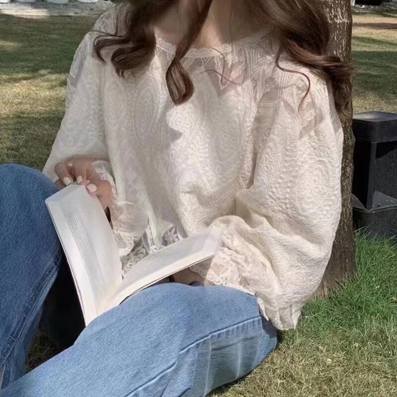 Fragrant Hollow Lace Shirt Loose Round Neck Lantern Sleeve Top Fragrant Hollow Lace Shirt Loose Round Neck Lantern Sleeve Top