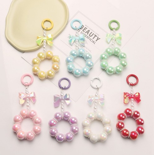 New electroplated bead butterfly knot car keychain pendant cute candy color painted ring pearl accessory package decoration