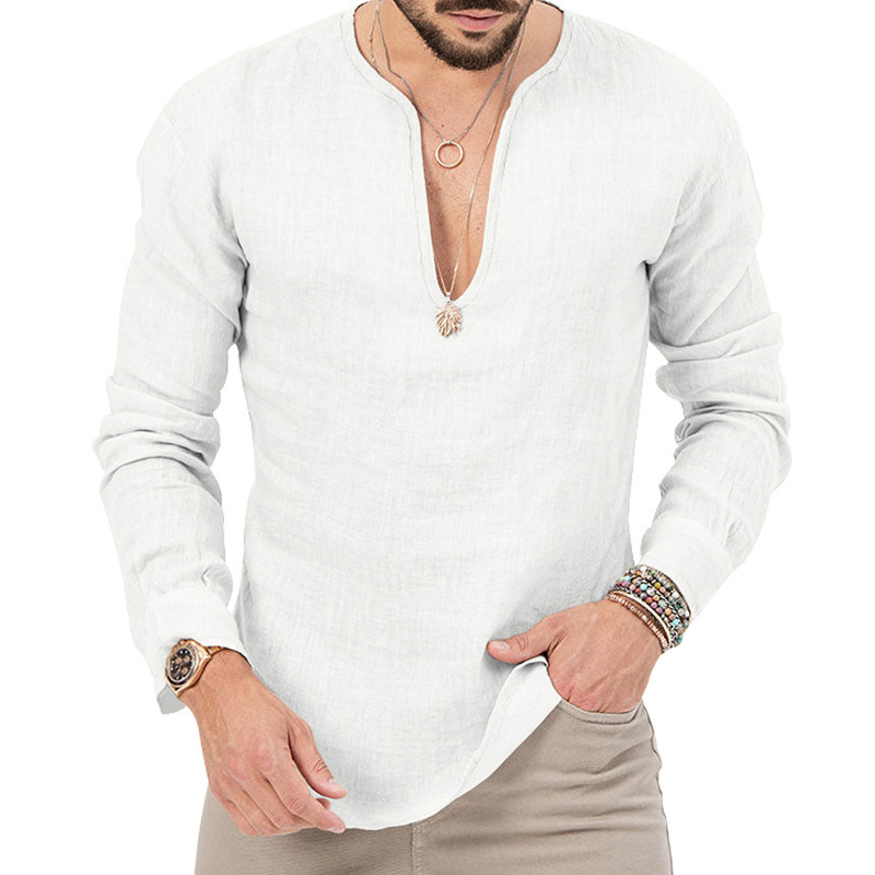 T-shirt homme casual coton lin col en v coupe oversized_voghion.com
