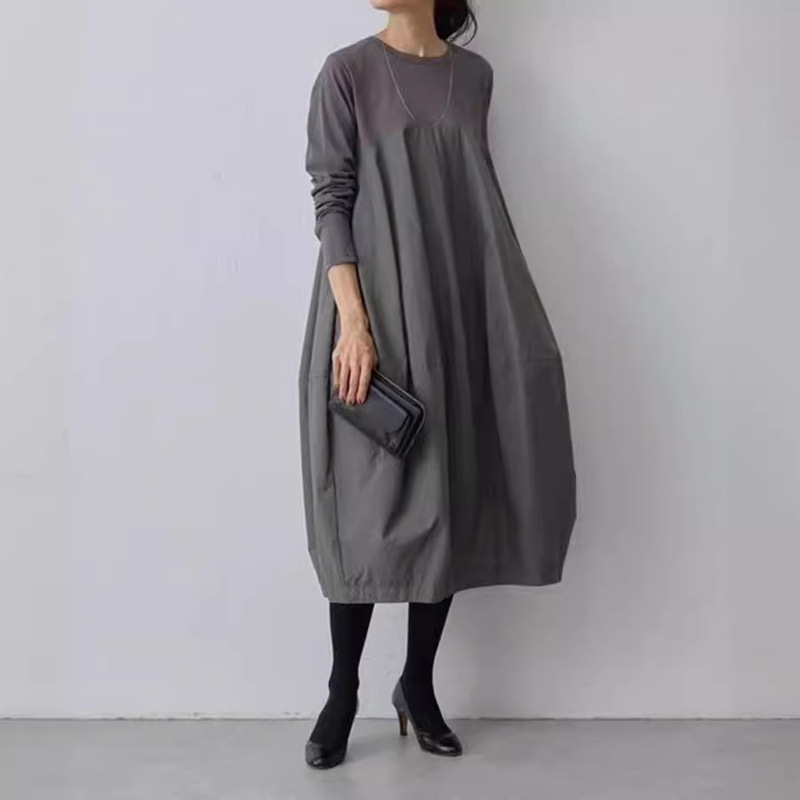 Cross-Border In-Stock 2025 Autumn and Winter Japanese and Korean Lotte New Round-Neck Long-Sleeve Knitted Patchwork Long Dress