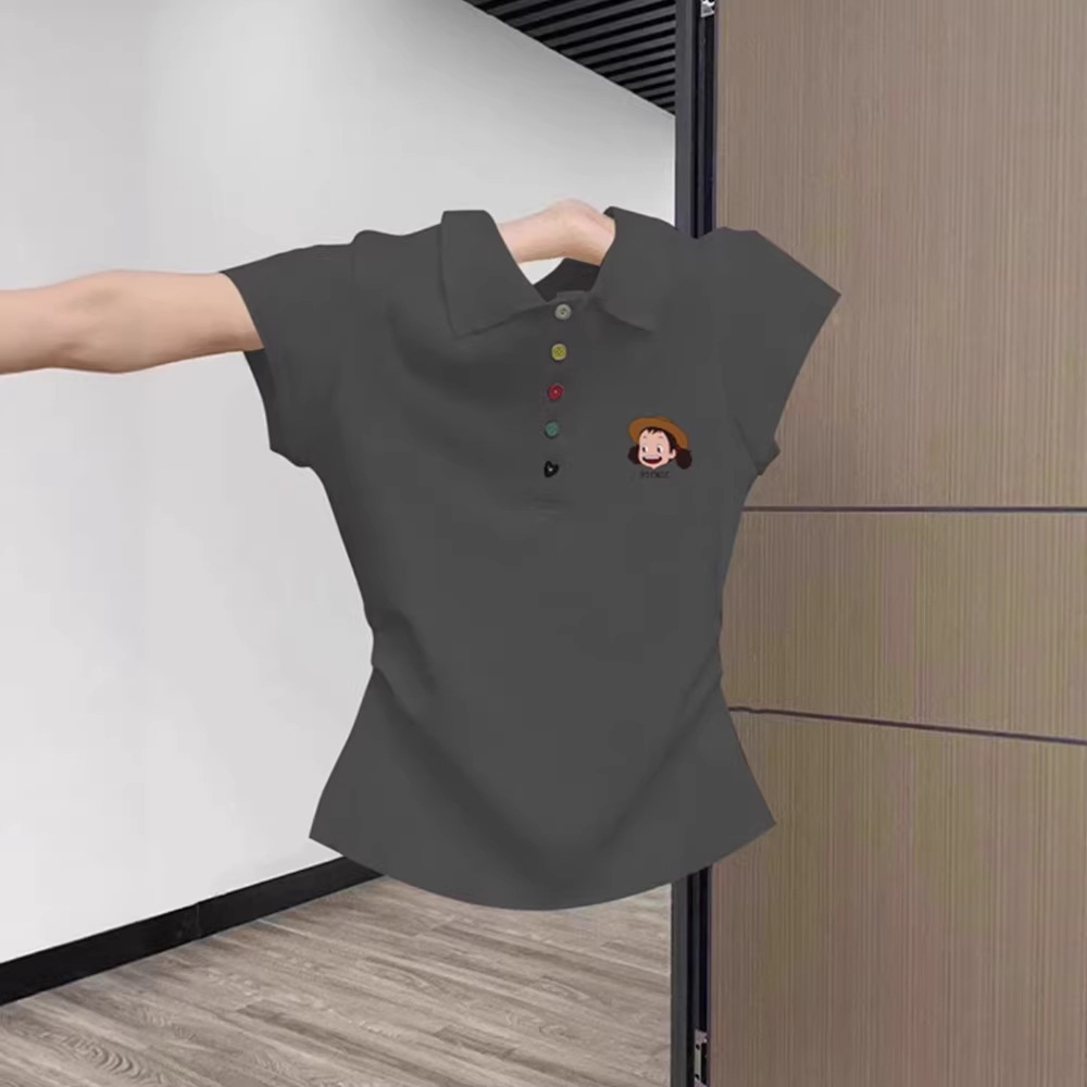 Áo thun polo nữ tay ngắn form ôm cổ bẻ — màu xám chi tiết 1