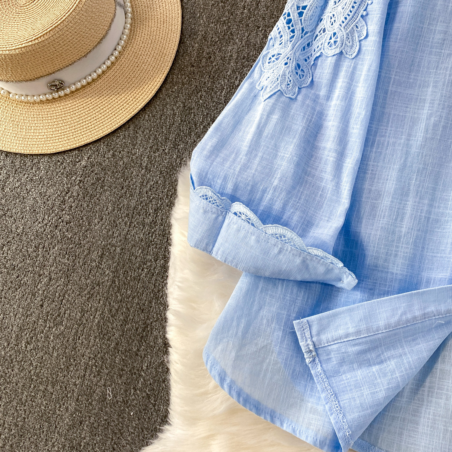 Gentle Blue Women's Crochet Lace Collar Cardigan Casual Mid-Length Shirt Sun Protection Spring/Autumn Summer Polyester_ecoleips.com