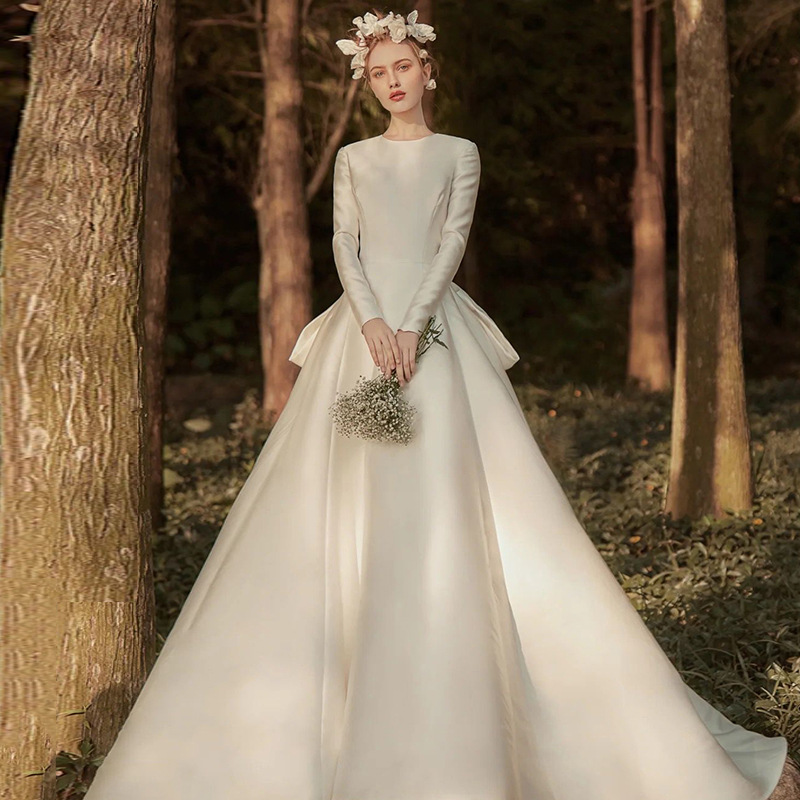 Francés Hepburn vestido de novia blanco trailing vestido de novia simple elegante satén retro textura trailing vestido de noche image 6