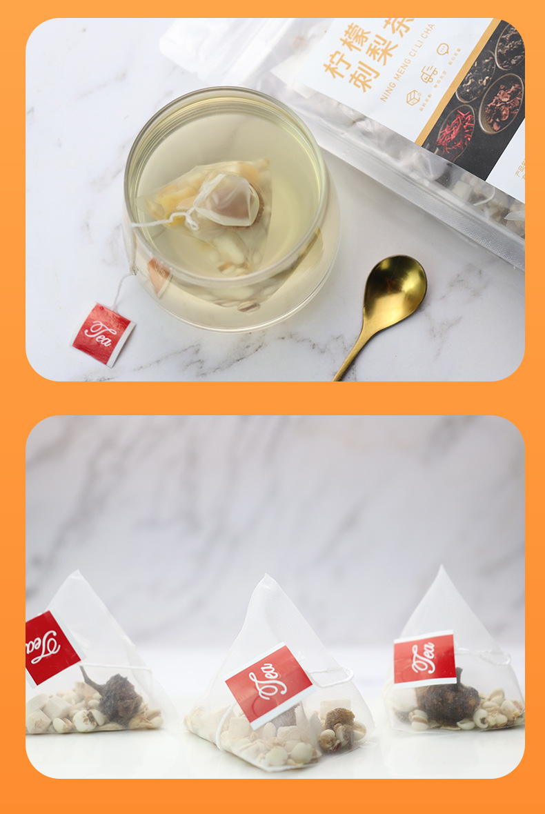 Lemon Rosa Roxburghii Tea 30 Triangle Tea Bags 240g Herbal Fruit Tea Blend with Chinese Yam Poria and Coix Seed in use