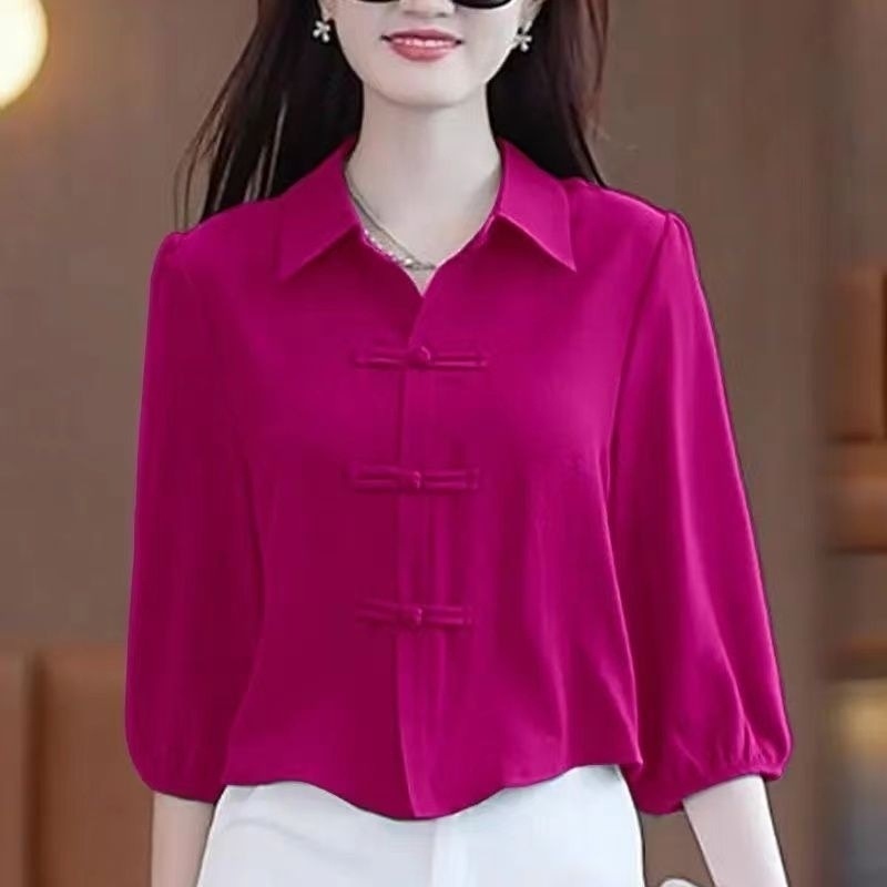 中国风衬衫女宽松显瘦百搭衬衣气质七分袖夏季肚子盘扣上衣女小衫|undefined