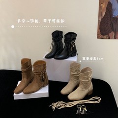 韩版内增高马丁靴2025秋棕色流苏靴子复古废土风洋气靴褶皱堆堆靴