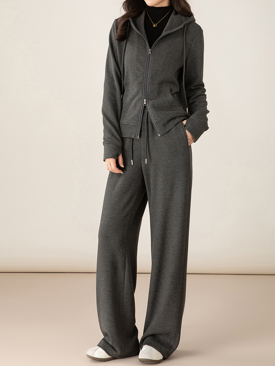 Bộ đồ thể thao nữ hai mảnh giả cashmere mũ trùm dáng rộng phong cách Hàn Quốc — Màu xám (bộ hai món)