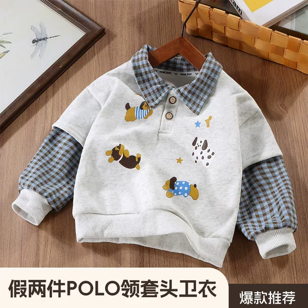 New Kidsren's Sweatshirt Autum Plaid Stitching Lapel Fake Two-Piece Polo Shirt Tops for Boys and Girls Casual Shirts Spring