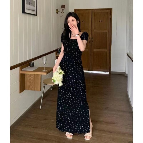 Black floral short-sleeved dress, summer dress, women's 2025 new style, medium and long slimming A-line dress with suspenders