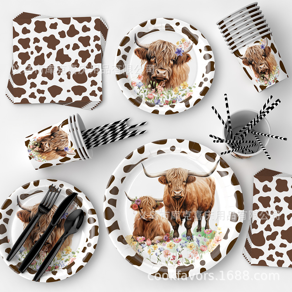 Amazon Highland Cow Theme Bandeja de papel vaso de papel toalla de papel juego de vajilla vaca marrón fiesta de cumpleaños suministros de decoración