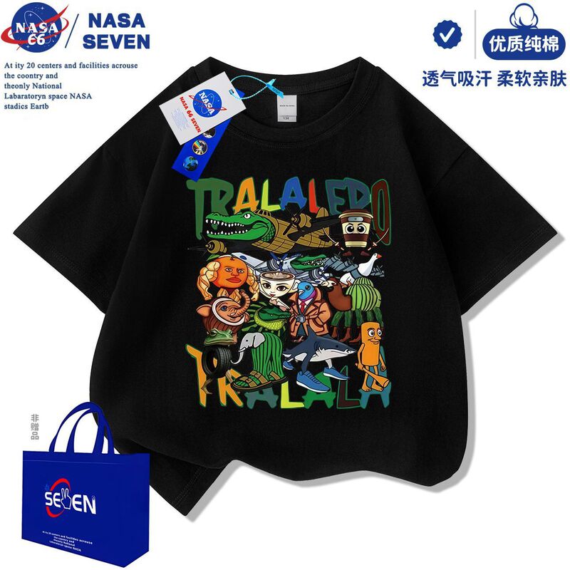 NASA通通哥木棍人儿童短袖国外山海经衣服夏季鲨鱼纯棉T恤中大童|undefined