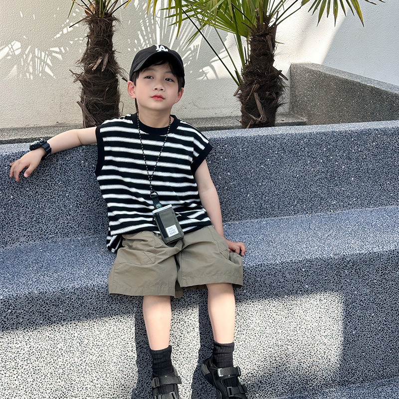 Children's Summer Clothing Boys' Short-Sleeved T-Shirts Sleeveless Vests for Outer Wear 2026 Summer New Baby Loose Stripesd Tops 5