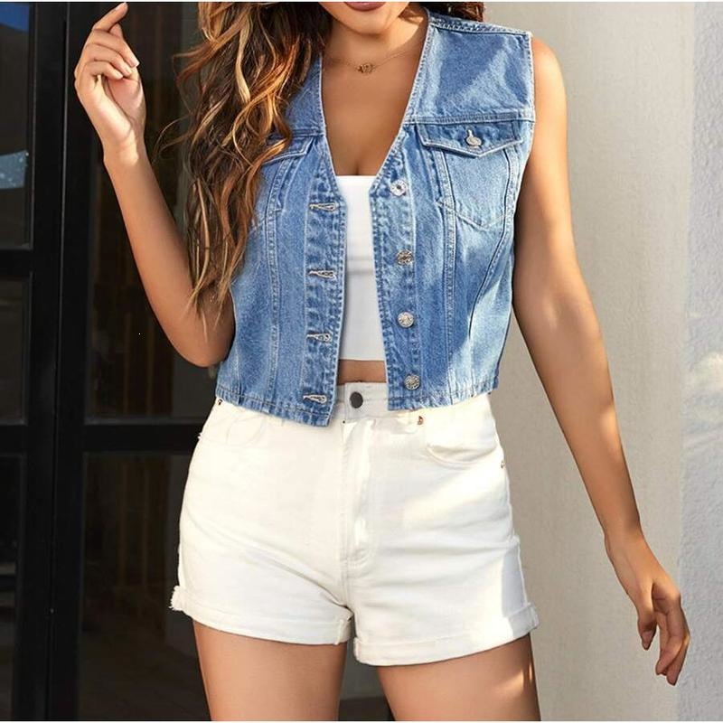D 50742 Retro Washed Blue Denim Vest 复古牛仔马甲