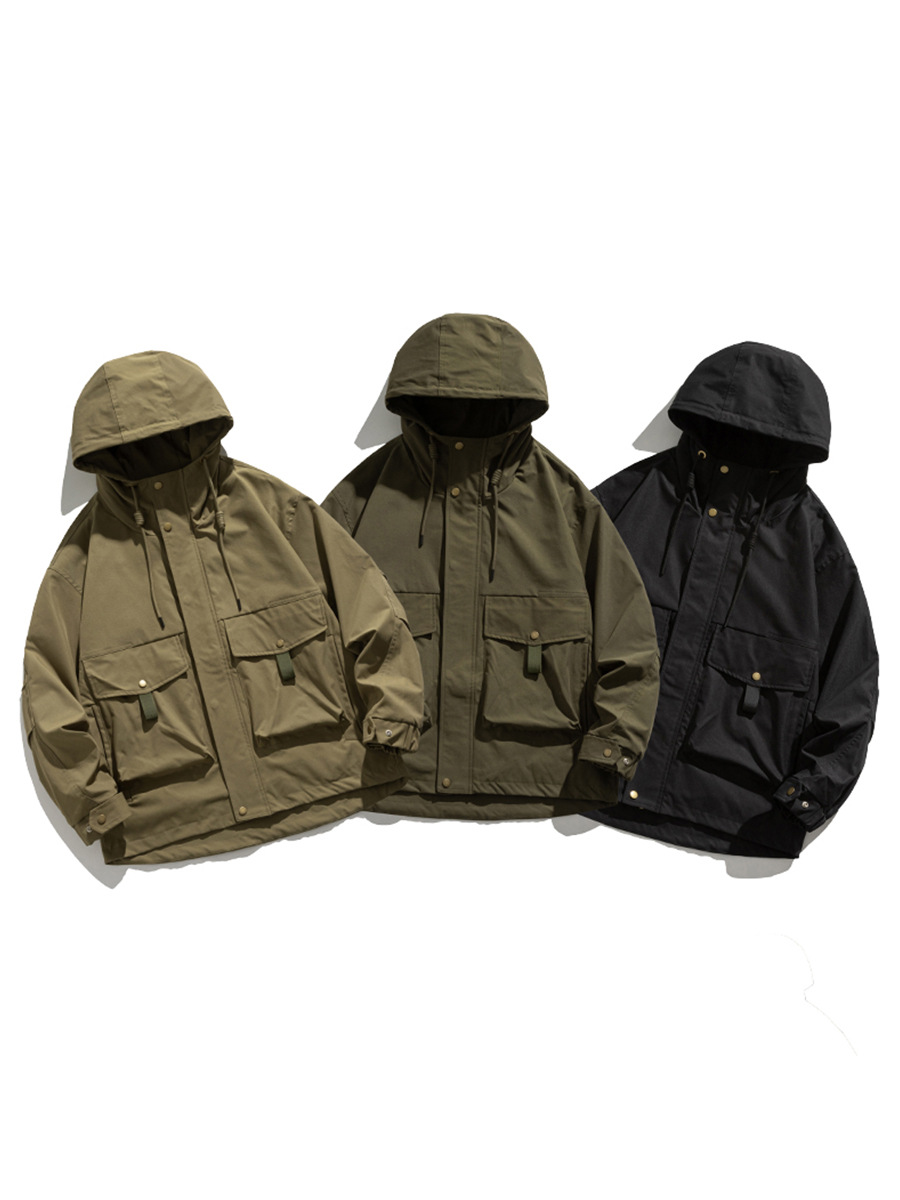 Rumeng otoño nuevo japonés funcional ropa de trabajo chaqueta suelta de los hombres al aire libre con capucha chaqueta a prueba de viento de los hombres de moda