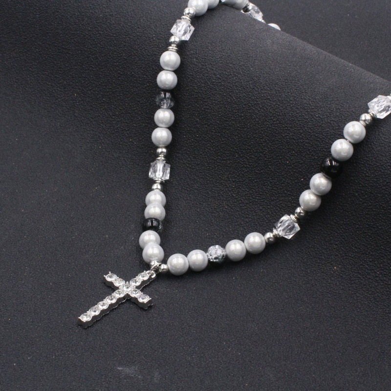 Halskette aus Titanstahl mit reflektierenden Perlen und Kreuzmuster im Schlüsselbein-Stil, Herren- und Damen-Pulloverkette im Hip-Hop-Stil_voghion.com