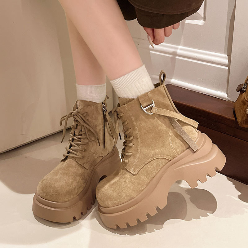 British Style Retro Height-Increasing Ankle Boots Motorcycle Boots for Women 2025 Autumn and Winter New Suede Large-Toe Thick-Soled Martin Boots
