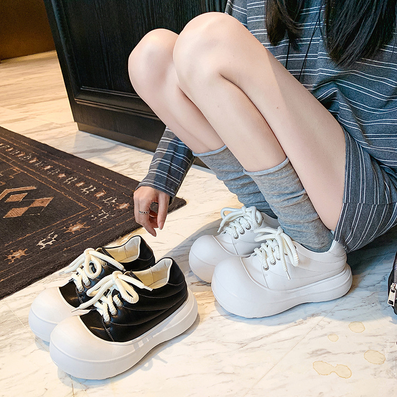 Giày sneaker nữ chunky đế dày da thật phối màu mũi to bản — màu đen, màu trắng