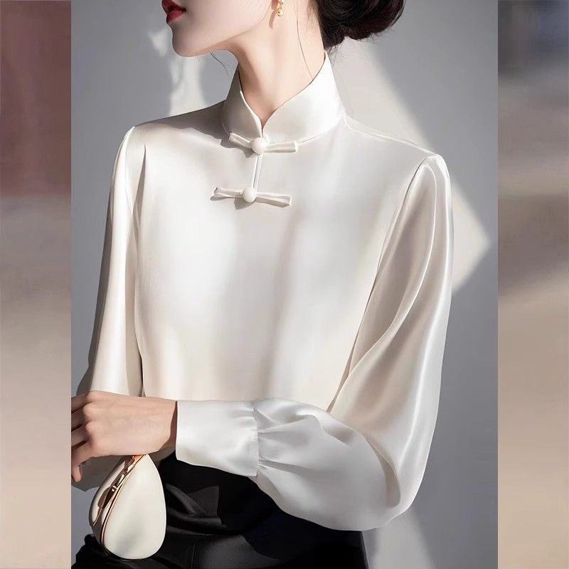 New Chinese-Style White Stand-Collar Buttoned Base Shirt for Women, 2026 Spring New Tang Suit Young Style Top