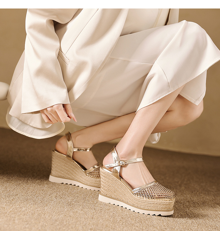 Sandal cao gót nữ mũi nhọn quai ngang đế xuồng đan lưới — màu vàng, bạc chi tiết 7