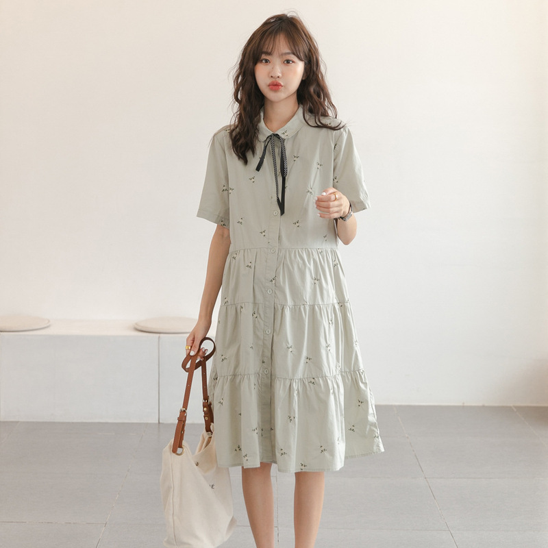 Summer New Maternity Dress Korean Style Age-Reducing Embroidered Over-The-Knee Dress Fresh and Trendy Mom Outing Shirt Dress