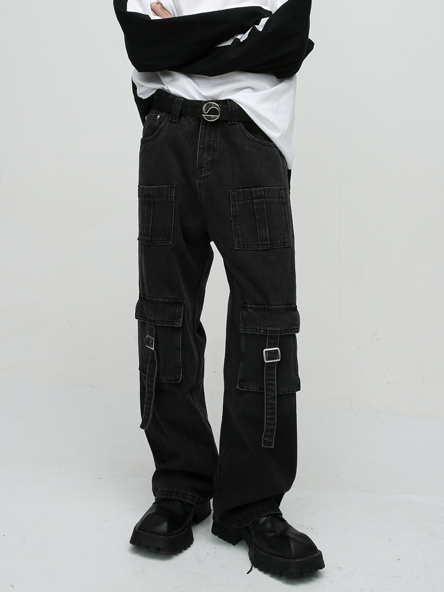 MTLClothes ropa de Hombre | 2023 otoño europeo y americano calle multi-Bolsillo costura Diseño ancho pierna ropa de trabajo jeans