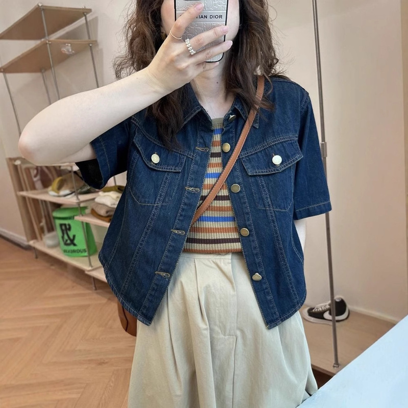2025 Spring and Summer New Retro Blue Short Sleeve Korean Style Loose All-match Short Thin Jacket Denim Coat Women