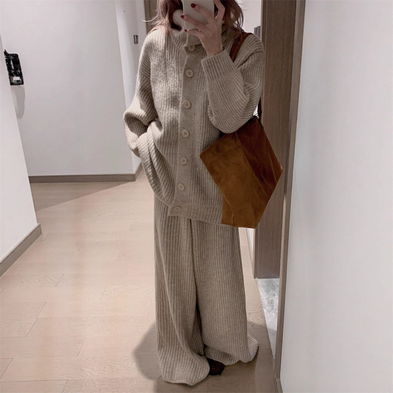 韩系纯色休闲翻领针织套装女秋冬装跨境宽松慵懒毛衣阔腿裤两件套|undefined