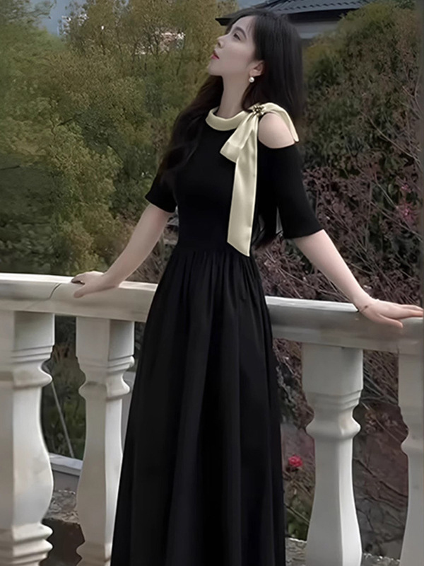 气质名媛女神范黑色连衣裙2025时尚高级感法式礼服长款裙子D1840|undefined