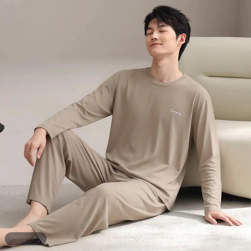 Spring and autumn men's modal long-sleeved, long-pants, round-neck, solid-color loungewear set, simple and casual style for young men Spring and autumn men's modal long-sleeved, long-pants, round-neck, solid-color loungewear set, simple and casual style for young men