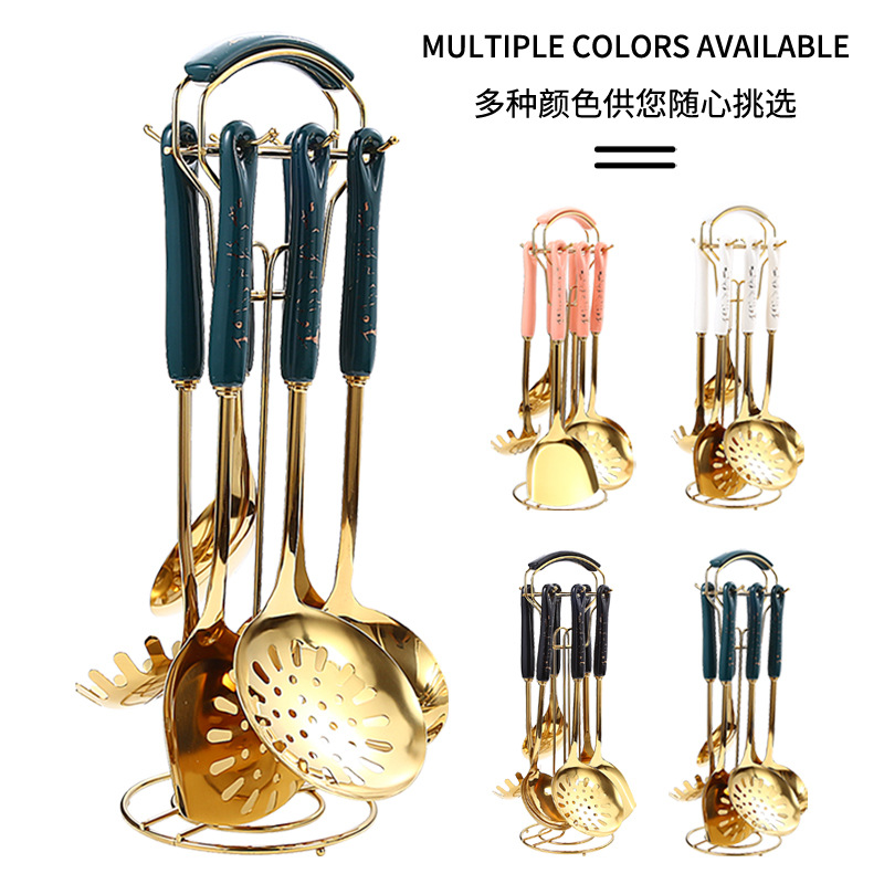 Nordic Light lujo utensilios de cocina traje de cerámica cocina pala cuchara 7-pieza de acero inoxidable espátula cuchara de arroz fugas caja de regalo traje